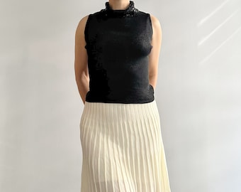 Vintage 90s/Y2K Schwarz Rollkragen Seide Ärmellos Strick Top Perlenkragen
