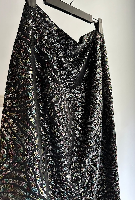 80s Holographic Black Midi Skirt Multicolor Metallic Abstract Pencil Skirt Size S