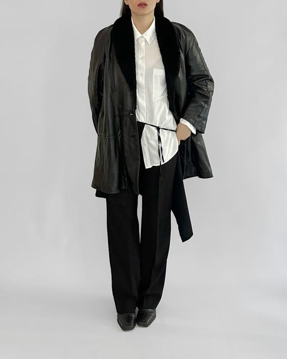 Vintage 1980s Black Leather Coat with Faux Fur Shawl Collar