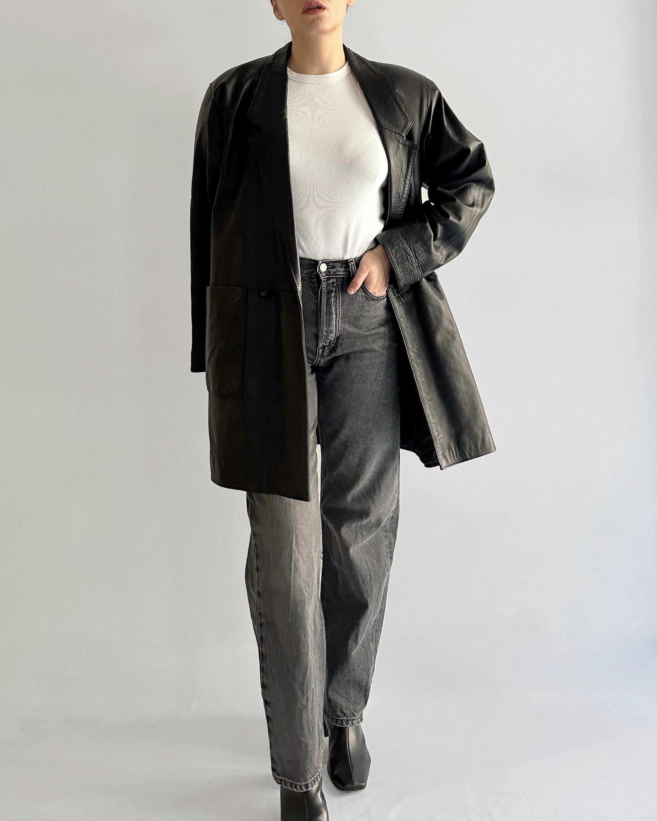 Vintage 80s Black Leather Midi Coat, Oversized Fit, Quilted