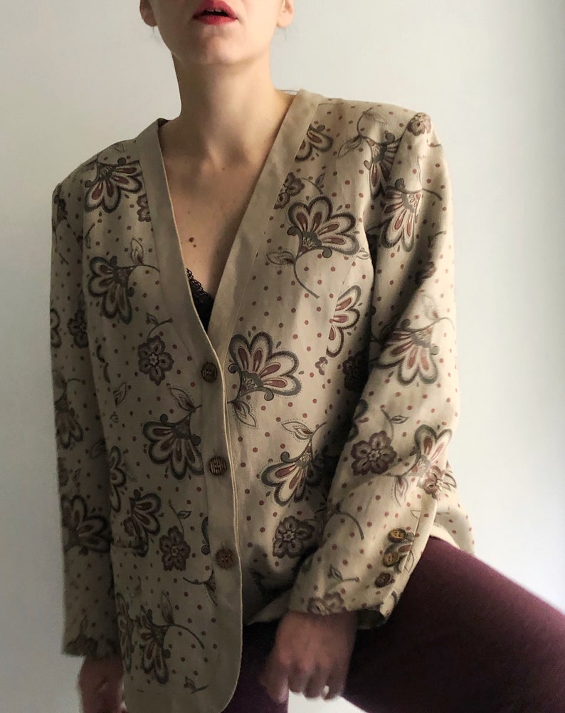 Vintage 90s Linen Jacket, Floral Beige Button Up Blazer image 10