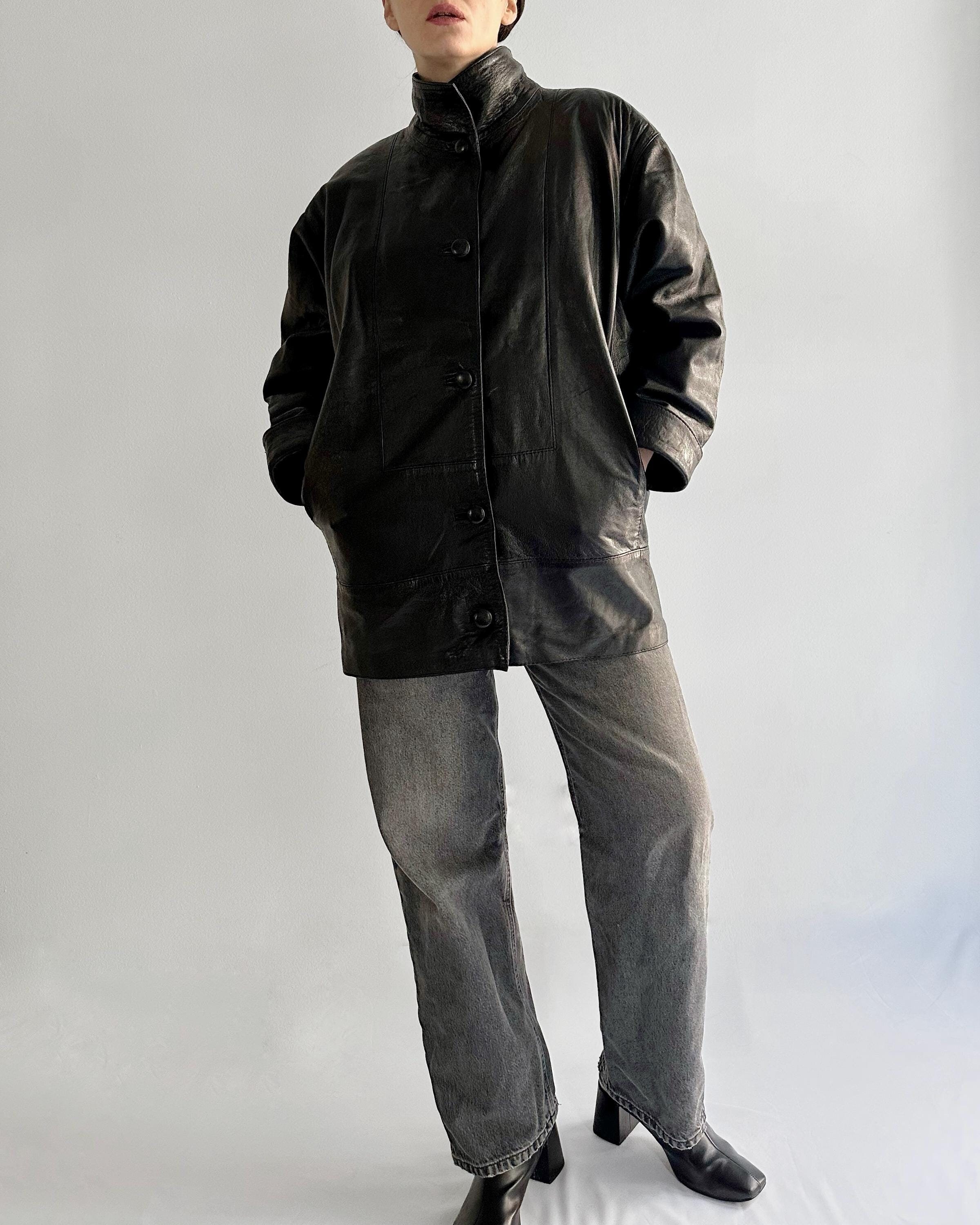 Vintage 80s Black Lamb Leather Jacket Made in Spain With Oversized 