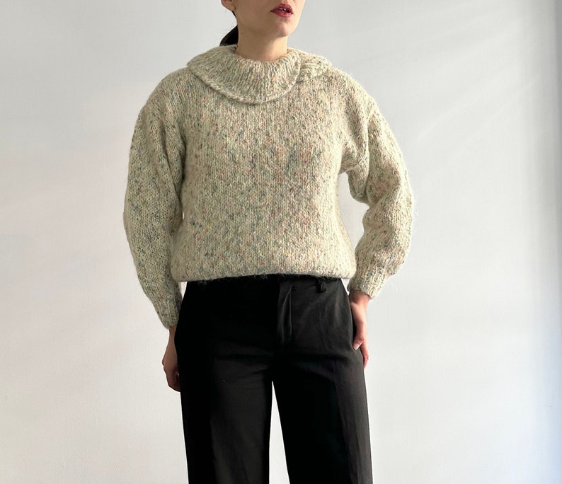 Vintage 80s Wool Hand Knitted Multicolor Big Collar Jumper Sweater image 5