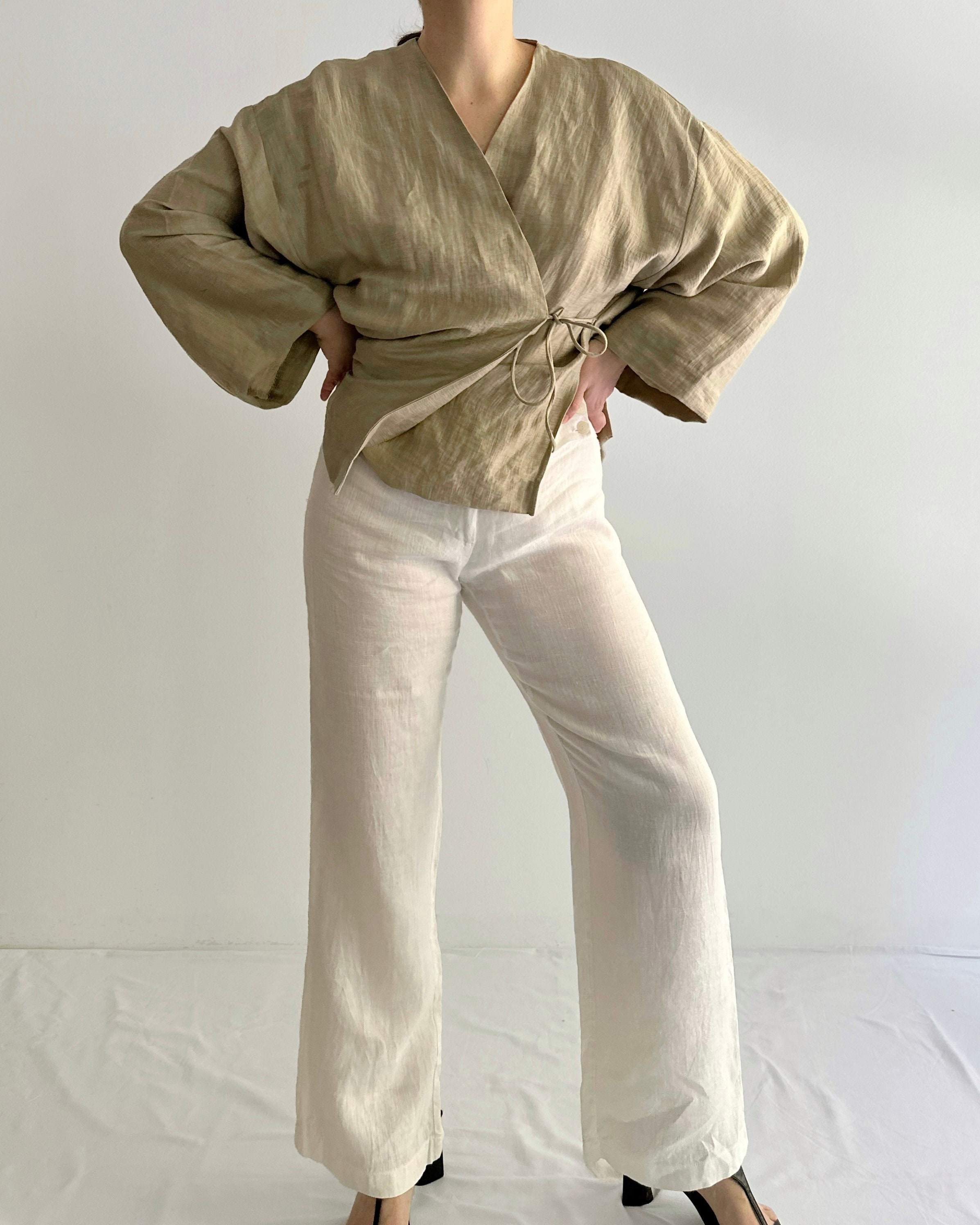 Vintage 90s/y2k Low-waist White Linen Trousers - Made in