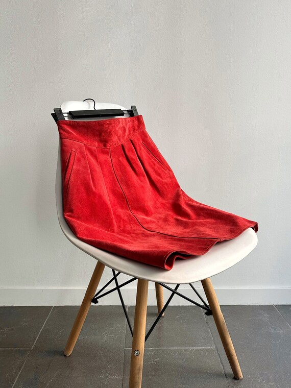 Vintage 80s Suede Leather Embroidered Pencil Skirt in Red, Made in