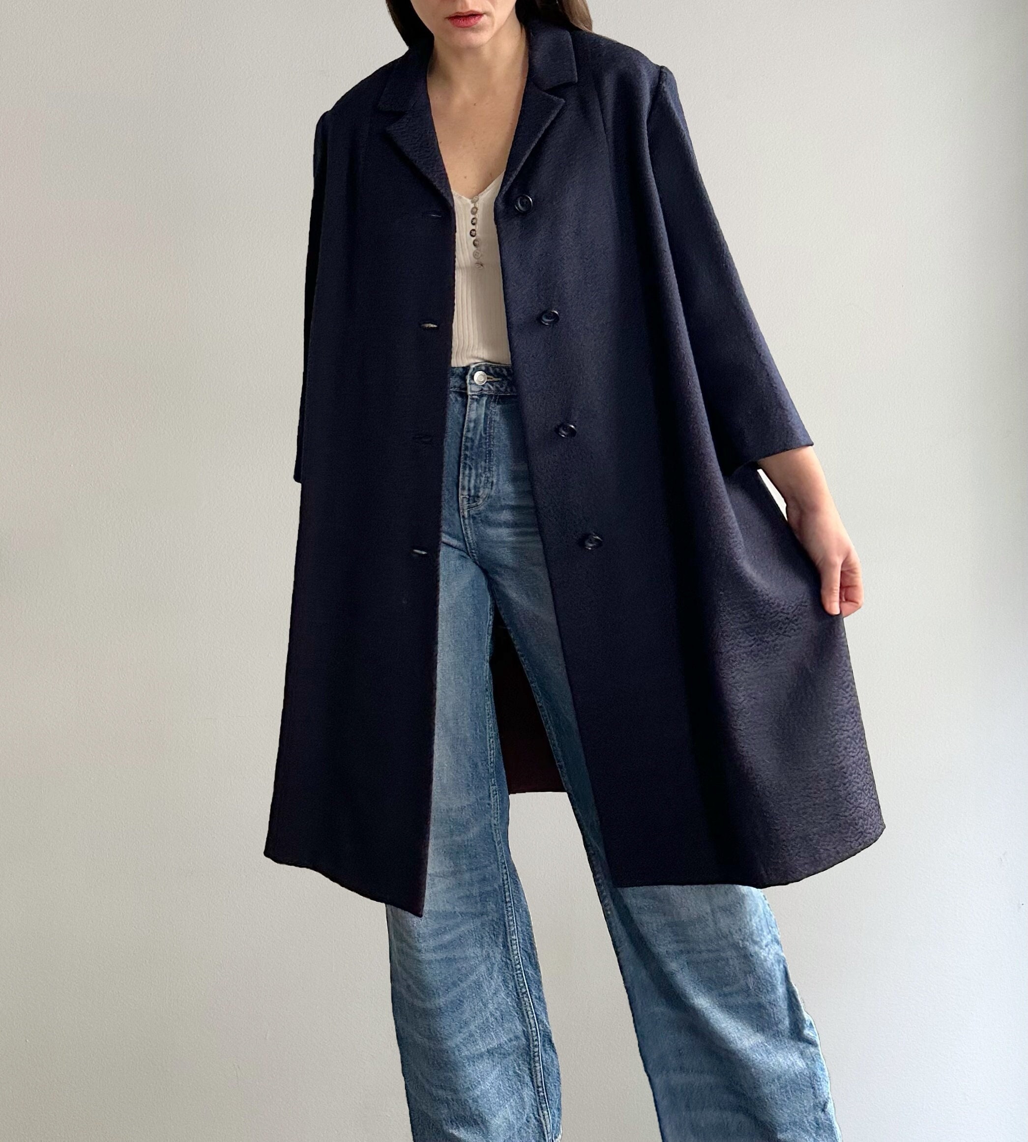 Vintage 90s Navy Blue Handmade Textured Coat