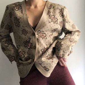 Vintage 90s Linen Jacket, Floral Beige Button Up Blazer image 7