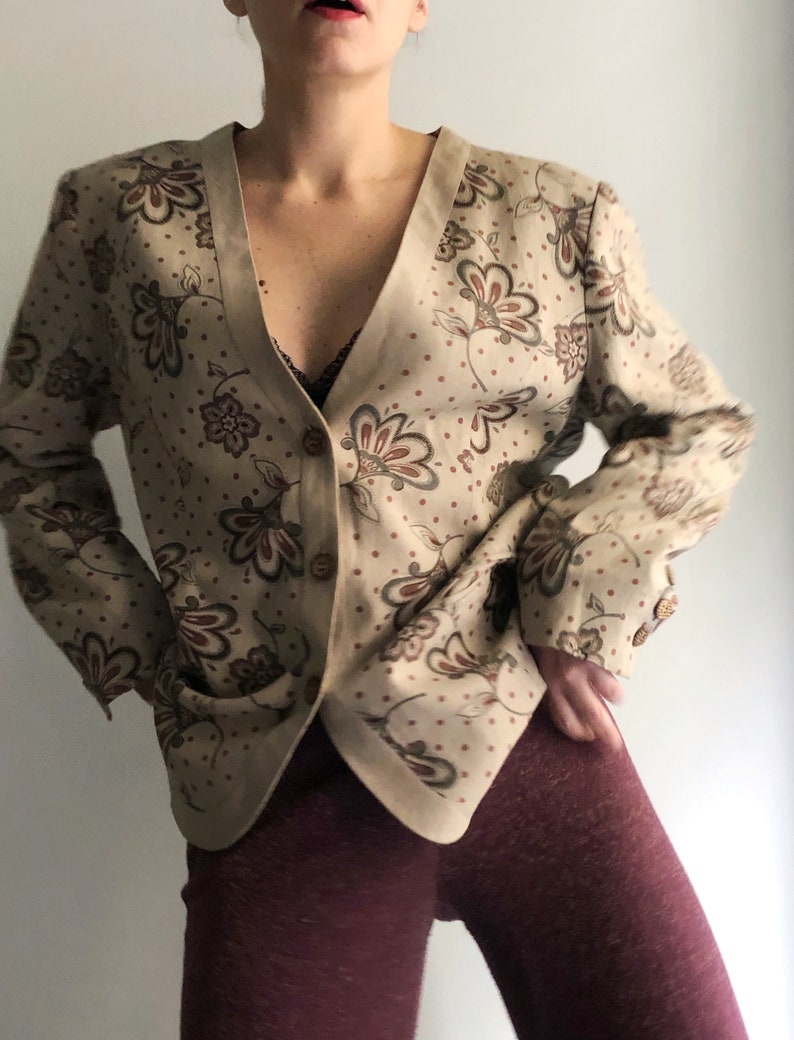 Vintage 90s Linen Jacket, Floral Beige Button Up Blazer image 7
