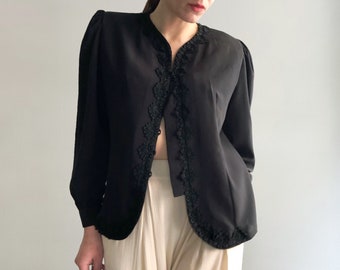 Vintage Embroidered Black Blouse, 80s Lace Trim Button Up Shirt, Black Short Elegant Blazer, Capsule Wardrobe, Size L