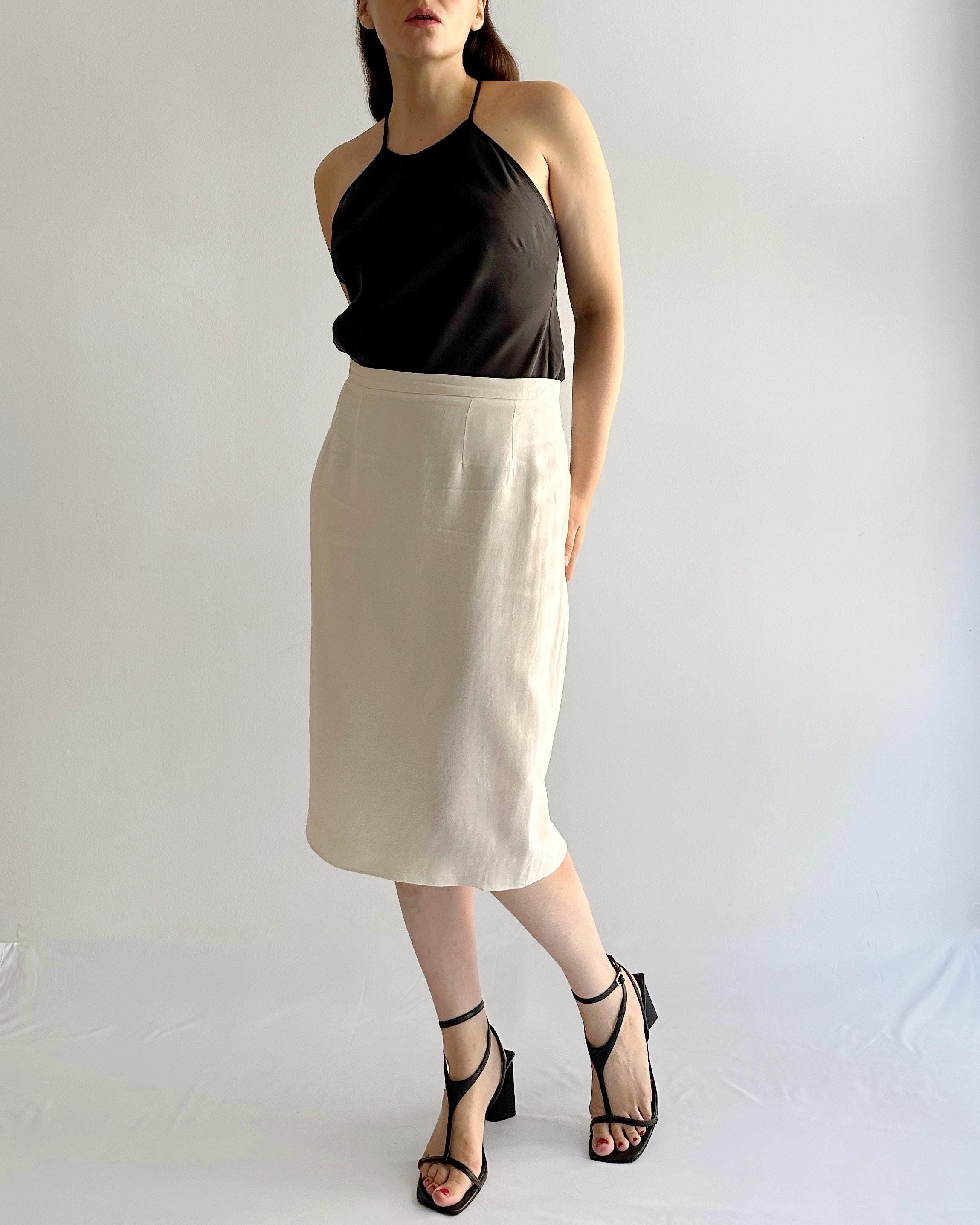 Guy Laroche Vintage 90s High-Waist Pencil Skirt Off-White Linen 