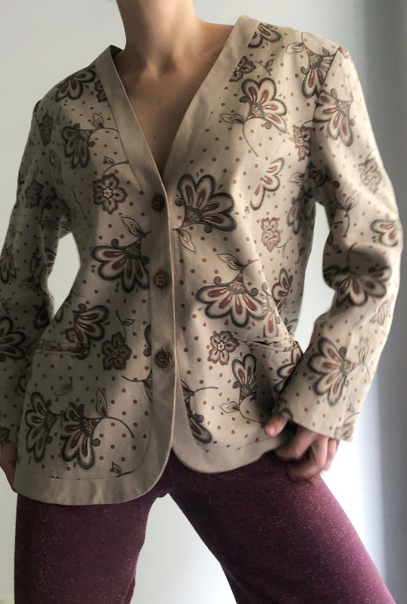 Vintage 90s Linen Jacket, Floral Beige Button Up Blazer image 6