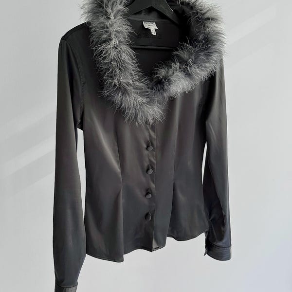 90s Moschino Jeans Satin Blouse: Feather Collar, Fitted Long Sleeve Top