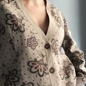 Vintage 90s Linen Jacket, Floral Beige Button Up Blazer image 8