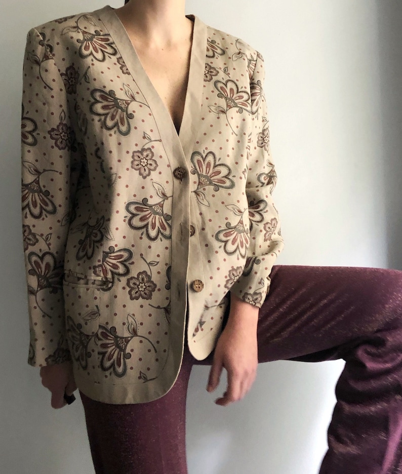 Vintage 90s Linen Jacket, Floral Beige Button Up Blazer image 3