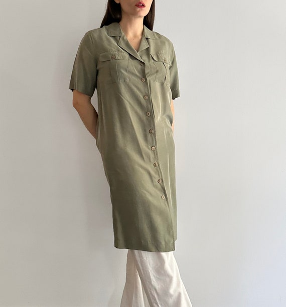 Vintage 90s silk button up green shirt dress