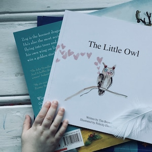 Puede incluir: Un libro blanco con el título "The Little Owl" escrito en negro. El libro tiene una ilustración rosa y blanca de un búho en una rama con corazones rosas flotando por encima. El texto "Written by Tim Brown" e "Illustrated by Felicity Elwes" está impreso en la parte inferior del libro.
