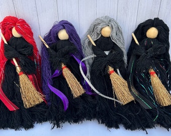 Handmade Witch Poppet Doll: Yarn Altar Decor with Besom Broom