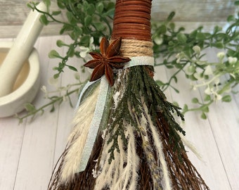 Yule Altar Broom: Cinnamon Scented Witch Besom with White Florals