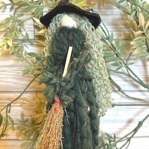 Wool Yarn Kitchen Witch Doll: Green Witchy Decor with Broom