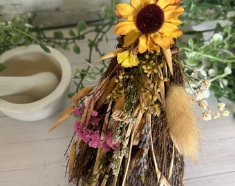 Cinnamon Witch Besom Altar Broom with Dried Florals and Sunflower