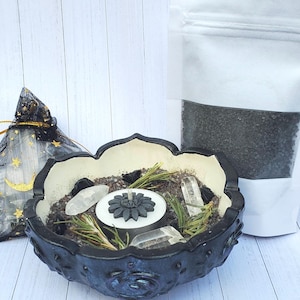 Witch Black Salt Bowl Kit: Obsidian, Quartz, Rosemary, Protection Magick