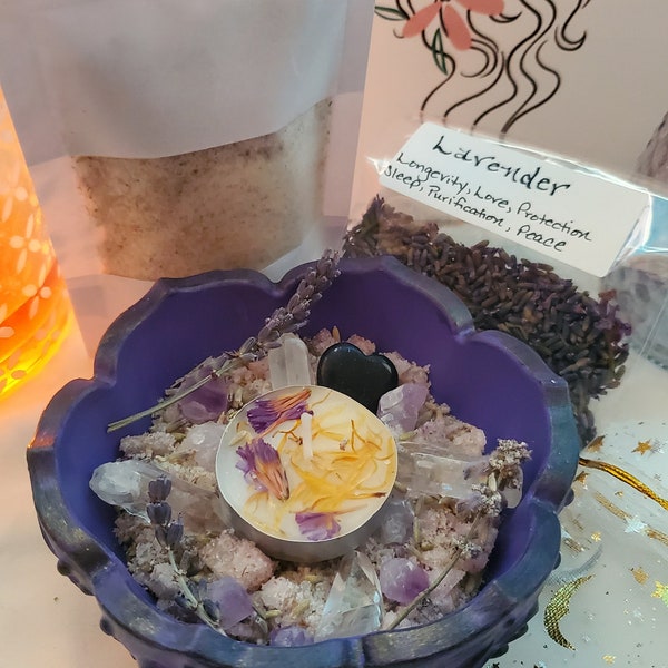 Witch Salt Bowl Kit: Lavender, Amethyst, Quartz, Altar Decor