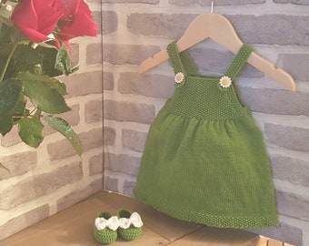 Baby pinafore dress and shoes handknit set