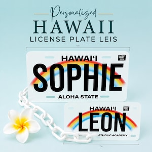 Könnte beinhalten: Zwei personalisierte Hawaii-Kennzeichen-Leis. Die größere Platte ist 30 cm lang und trägt den Schriftzug "SOPHIE" über einem Regenbogen-Design. Die kleinere Platte ist 18 cm lang und trägt den Schriftzug "LEON". Beide Platten haben den Text "HAWAII" und "ALOHA STATE".