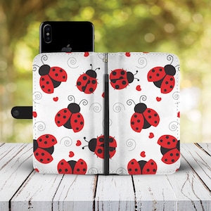 Custodia a portafoglio per telefono a forma di coccinella, porta carte, idea regalo per gli amanti delle coccinelle, custodia per carte per iPhone, Samsung, Google Pixel, custodia magnetica a ribalta