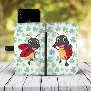 Cartoon Ladybug On Leaf Phone Wallet Case, Ladybird Lover Gift Idea, Card Case per iPhone Samsung HTC Motorola LG Google Pixel Huawei Xiaomi