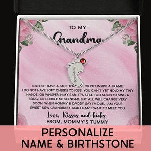Grand-mère à être collier avec carte de message, pieds de bébé personnalisés avec bijoux de pierres de naissance, annonce de grossesse, futur Grammy