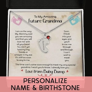 Colar da vovó com cartão de mensagem, pés de bebê personalizados com joias de pedras de nascimento, futuro grammy, anúncio de gravidez