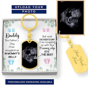 Regalo grabado de papá para ser llavero, tarjeta de mensaje del día del padre de papá por primera vez con llavero con etiqueta de perro, llavero de bebé recién nacido, papá expectante