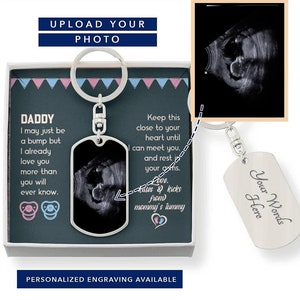 Daddy To Be Dog Tag gegraveerd sleutelhanger cadeau, eerste keer papa Vaderdag berichtkaart, pasgeboren baby bump sleutelhanger met echografie afbeelding