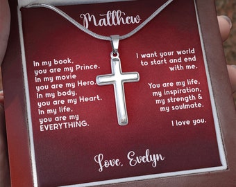 Kreuz Halskette für Freund und Ehemann, personalisierte Halskette für ihn, Geschenk für Freund, Geschenk mit Nachrichtenkarten, Namenshalskette gravieren