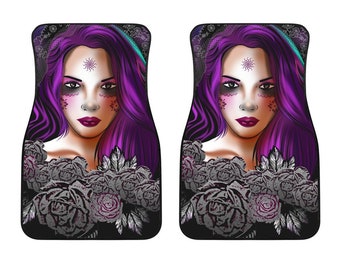 Sugar Skull Flowers Purple - Universal Front Car Mats Gift (Set of 2or 4) - Gift For Her or Him, Christmas Gift, Birthday Gift