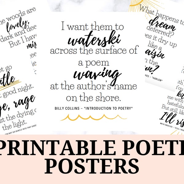 Poetry Digital Printables Artwork Bundle / Maya Angelou, Billy Collins, Robert Frost, Dylan Thomas, Langston Hughes / English Classroom