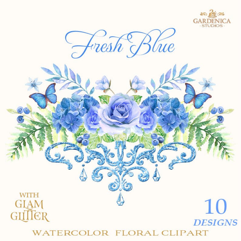 Blue Watercolor Flowers Clipart Blue Roses Clipart Png Hydrangea Clipart Bouquets Butterfly Flower Elements Set File