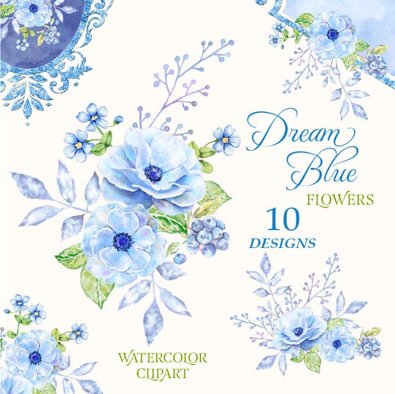 Blue Watercolor Flowers Clipart Blue Flowers Clipart Etsy