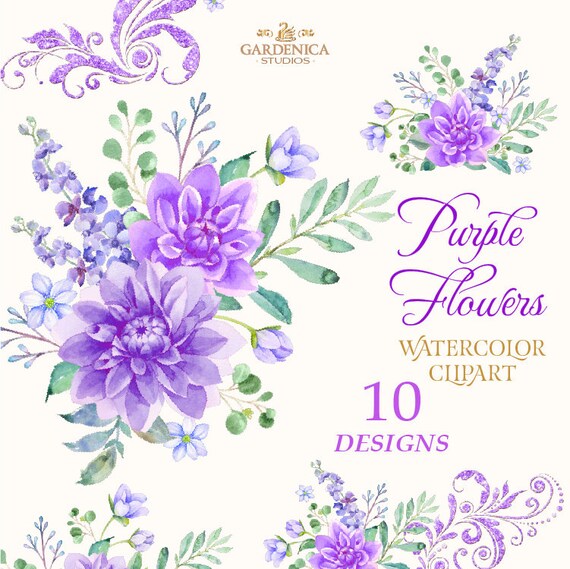 Purple Flowers Watercolor Purple Flower Clipart Violet Etsy