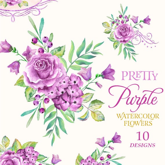 Watercolor Purple Flowers Purple Flower Clipart Digital Etsy