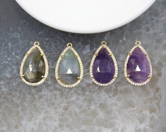 Faceted stones slice Necklace Wholesale 3-10pcs,Natural Lapis LazuliLabradoriteAmethyst Rectangle Stick Gold edged Connector Jewelry bulk