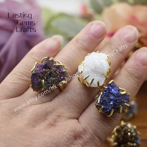 Rough Geode Raw Quartz Ring,Gold Plated Druzy Ring,Irregular Drusy Gems Ring,Titanium Geode Nugget Ring,Adjustable Finger Rings