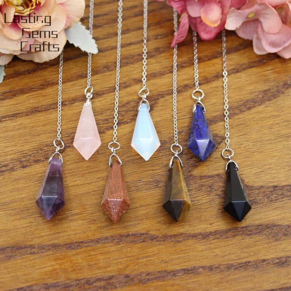 Natural stone Pendulum Necklace Findings,Healing Crystal Faceted Point Pendant Pendulum,Chakra Quartz Divination Tool,Silver Chains Crafts