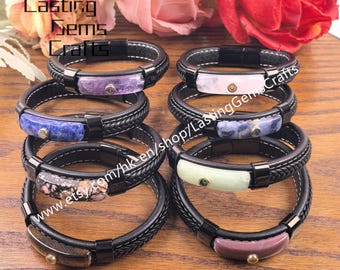 Gemstone Leather Bracelet Crystal Quartz Braided Leather Bangle,Adjustable Metal Buckle