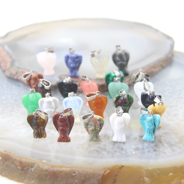 Mini Gemstone Angel Pendant,Healing Reiki Crystal Small Angel Home Decor,Carved Quartz Stone Figurine for Necklace Jewelry Making Women Gift