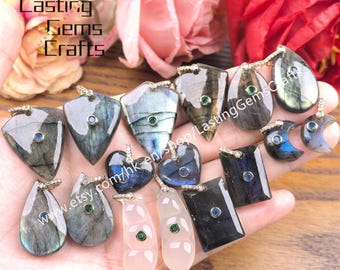 Teardrop Labradorite Charms With Inlaid Zircon,Heart Moon Shield Flash Stone Pendants Paved CZ
