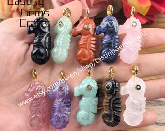 Hand Carved Gemstone Seahorse Pendants With Inlaid Zircon Crystal Marine Animal CZ Charms