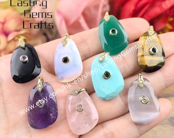 Faceted Slab Gemstone With Inlaid Zircon Charms Crystal  Cut Slice CZ Pendants DIY Jewelry