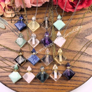 Rhombus Shaped Crystal Perfume Bottle Pendant Necklace,Gemstone Gold/Silver Diffuser Vial Charms